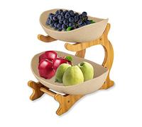 GANYUNG 2 Tier Ceramic Fruit Bowl, Fruit Basket Stand, Bamboo Fruit Serving Tray for Kitchen Counter, Serving Plate for Bread Vegetable Snacks Candy Storage (Brown)