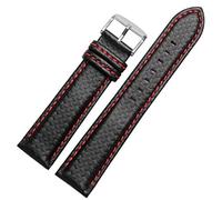 GANYUU 18mm 20mm 21mm 22mm 23mm Orange Stitching carbon Fiber mens black red genuine leather with silver clasp watchband strap(Black red,21mm)