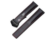 GANYUU Carbon fiber texture genuine leather bottom watchband For TAG wristband black with red line strap 20mm with folding buckle(Black red black,22mm)