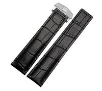 GANYUU For TAG Heuer Genuine Leather Watchband Stitches Bracelet,19mm 20mm 22mm For Men Wrist Band With Folding Clasp(Black silver,19mm)