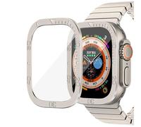 GANYUU Tempered Glass for Apple Watch Ultra 2 49mm Screen Protector Anti-Scratch Metal Frame for IWatch Series Ultra 49mm Accessories(Titanium color)