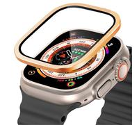 GANYUU Tempered Glass For Apple Watch Ultra 49mm Titanium Metal Frame Anti-Scratch Film For Series Ultra 2 Screen Protector Accessories(Gold 3)