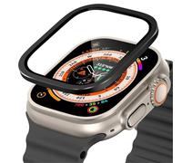 GANYUU Tempered Glass For Apple Watch Ultra 49mm Titanium Metal Frame Anti-Scratch Film For Series Ultra 2 Screen Protector Accessories(Black 2)