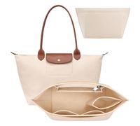 : GaoBangM Bag Insert Organizer for Longchamp,7 Pocket Felt Purse Organiser with Zipper, Multi-Compartment Handbag Liner, Folding Tote Insert for Women Secure Fit Scratch-Proof Protection, Beige, L