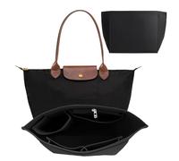: GaoBangM Bag Insert Organizer for Longchamp,7 Pocket Felt Purse Organiser with Zipper, Multi-Compartment Handbag Liner, Folding Tote Insert for Women Secure Fit Scratch-Proof Protection, Black, L