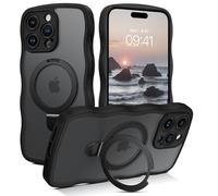 GaoBao for iPhone 15 Pro Max Case with Ring Stand,[Compatible with Magsafe] Curly Wave Frame Phone Case Translucent Matte TPU Bumper Women Men Shockproof Protective Cover for iPhone 15 Pro Max,Black