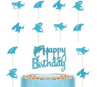 Gaodercha 13Pcs Shark Cake Topper Blue Glitter Shark Ocean Animals Sharks Theme Happy Birthday Cake Decoration Paper Sharks Cake Toppers for Cake Decoration