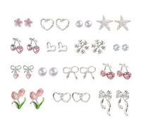 Gaodercha 15 Pairs Ladies' Stud Earring Set Alloy Pear Seashell Bow Cherry Heart Stud Earrings Diverse Hypoallergenic Fashion Jewelry for Special Moments Christmas Valentines Mother's Day Gift