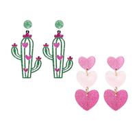 Gaodercha 2 Pairs Cactus Charm Drop Earrings Vintage Acrylic Pink Heart Earrings Triple Heart Dangle Earring Boho Floral Plant Dangle Earring for Daily Wear Party