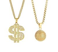 Gaodercha 2 Pcs Hip Hop Chain Pendant Necklace Gold Chain with Dollar Sign Solid 3D Basketball Pendant Necklace Big Money Necklaces for Men Women Hip Hop Style Accessory