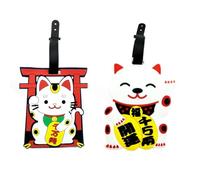 Gaodercha 2Pcs Cute Lucky Cat ID Label 2 Styles Maneki-Neko Travel Luggage Name Tag Silicone Maneki Neko Bag ID Tags for Suitcases Backpacks Travel Bags Fun Travel Accessory