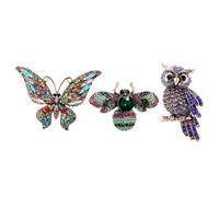 Gaodercha 3 Pcs Woman Animal Brooch Pins Set Crystal Rhinestone Lapel Pins Colorful Butterfly Bee Owl Brooches Alloy Fashion Accessories For Clothes Bags Hats