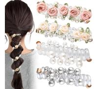 Gaodercha 4 Pack No Damage Soft Elastic Spiral Hair Ties Pearl Twisted Hair Wire Pony Hairs Tie Pearl Flower 2 Styles Hairs Accessories for Women Girls Daily Use