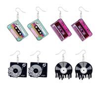 Gaodercha 4 Pairs Retro Cassette Tape Earrings 80s Earrings for Women Acrylic Earringss Black And Pink Retro Record Design Earringss Fashion Dangle For Daily Wear Party Outfits