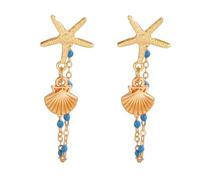 Gaodercha Gold Starfish Sea Shell Earrings Sea Shell Blue Beaded Tassel Earrings Boho Long Tassel Pearl Drop Earring Alloy Dangle Earring for Women Fashion Jewelry Accessory