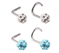 Gaodercha Pack of 4 Stainless Steel Nose Studs Rings White and Blue Multi Crystal Ball Nose Ring Colourful Diamond L Screw Shaped Nose Stud for Women Men Nose Piercing Jewellery Gifts