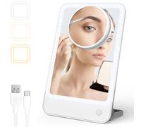 GAOEEIN Travel Makeup Mirror with Lights, 1500mAh Rechargeable Tabletop Mirror with 10X Magnification, 180° Adjustable Stand, 3 Color Lighting, Dimmable Portable Folding