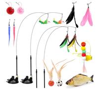GAOHAN 18 Pcs Cat Toys, Indoor Feather Cat Toy - 4Pcs Poles with 2 Suction Cup, 10Pcs Removable Plush Feather Toys, 2Pcs Bouncy Balls, 1Pcs Doll Fish, and 1Pcs Hanging Plush Ball Toy
