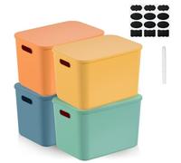 GAOHAN 4 PCS Storage Boxes With Lids, Stackable Storage Boxes in 4 Colours, Plastic Storage Basket with Handles for Cabinets, Shelves, Kitchens, Bathrooms, Playrooms, Offices, Schools(25×17×15cm)