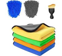GAOHAN 7 Pcs Car Care Set with 4 Microfibre Cloths & 2 Microfibre Wash Gloves & 1 Interior Cleaning Soft Brushes, Home Car Cleaning and Drying Package, Scratch-Free Drying