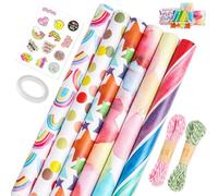 GAOHUI 6 Pack Wrapping Paper Roll, 43cm x 3M Colourful Birthday Wrapping Paper Roll with 2 Rope and 1 Sticker, Double-Sided Tape, Perfect for Christmas, Mothers Day, Valentine Day, Easter
