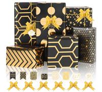GAOHUI Black Gold Birthday Wrapping Paper, 6 Pack Foil Design Wrapping Paper Sheets with Bow & Sticker for Luxury Gift Wrap, Halloween, Graduations, Birthday, Christmas, Fathers Day, New Year, 70x50cm