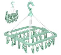 GAOHUI Foldable Clothes Drying Rack with 32 Clips, Space-Saving Sock Hangers for Drying, Multi-Functional Clothes Pegs for Washing Line for Underwear, Baby Clothes, Hats, Socks (Green)