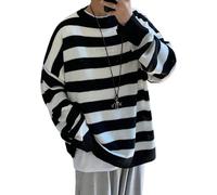 GAOJU Men Casual Long Sleeve Striped Sweaters Oversized Knit Pullover Autumn Winter Fashion Sweater Jumpers Tops Black White