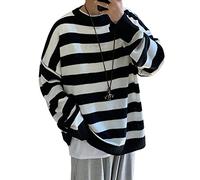 GAOJU Men Casual Long Sleeve Striped Sweaters Oversized Knit Pullover Autumn Winter Fashion Sweater Jumpers Tops Black White, L