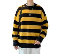 GAOJU Men Casual Long Sleeve Striped Sweaters Oversized Knit Pullover Autumn Winter Fashion Sweater Jumpers Tops Black Yellow, M
