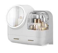GAOJUNAN Cosmetics Display Case Plastic Cosmetic Storage Box With Fan LED Makeup Mirror Dressing Table Bathroom Desktop Shelf Dresser(White)