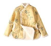 GaoLeAve Chinese style thick plush cotton jacket women cheongsam stand collar embroidery buttoned cotton jacket winter coat yellow S