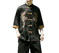 GaoLeAve Golden Dragon Embroidery Shirt Men Ice Silk Casual Short Sleeve Tops Retro Kung Fu Traditional Shirts Black XL