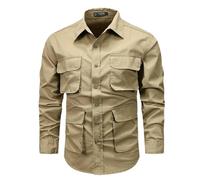 GaoLeAve Men's Four-Pocket American Long-Sleeved Shirt Summer ice Silk Quick-Drying Lightweight Work Clothes Cotton Shirts Khaki9 M