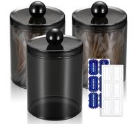 Gaomoeny 3 PACK Qtip Holder Dispenser Storage Organizer with Labels - 12 oz Black Apothecary Jars Bathroom for Cotton Ball,Cotton Swab,Cotton Round Pads,Floss,Makeup Sponges,Hair Clips