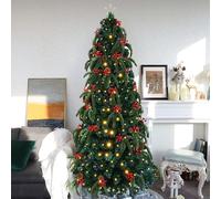 GAONUDAN 7ft Fiberglass Christmas Tree with 8-Function LED Lights, PE+PVC Branches, Red Berries, Pine Cones and Star-Shaped Tree Topper - 300 Branches, Metal Seat, Christmas Decoration (7ft/210cm)