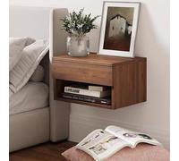 GAONUDAN Wall Floating Nightstand Set of 2, Modern Side Table Wall Mounted Shelf, Floating Bedside Table with Cabinet Storage, Wood Bedside Tables, for Living Room, Bedroom, Dorm,Walnut Color