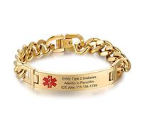 Gaosh Personalised Men Women ID Medical Bracelets Engraved Alert Stainless Steel Bracelet Emergency Awareness Bracelet for Autism Allergy Diabetic Epilepsy (Gold)