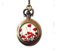 gaoxiang Poppy Pocket Watch Necklace, Poppy Necklace, Red&White Flower Jewelry, Nature Necklace, Glass Pocket Watch Necklace