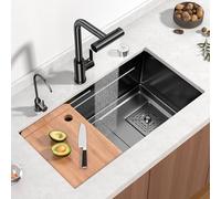 GAOXIONG Drop In Stainless Steel Waterfall Kitchen Sink With Pull Down Sprayhead Faucet Single Bowl Kitchen Sink Workstation With Multiple Accessories (Black, 65x45x20cm)