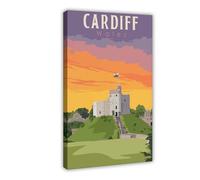 GAPAT Cardiff Poster Print Wales Welsh Travel Poster Cardiff Castle Wall Art Home Decor Gift Idea Art Canvas Poster Bedroom Office Room Decor Gift Yellow Frame 20x30inch