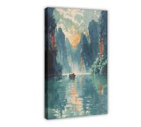 GAPAT Ha Long Bay Watercolor Painting Vietnam Sunset Travel Art Canvas Poster Bedroom Office Room Decor Gift Frame: 20x30inch(50x75cm)