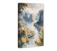 GAPAT Ha Long Bay Watercolor Painting Vietnam Travel Poster Canvas Poster Bedroom Office Room Decor Gift Frame: 16x24inch(40x60cm)