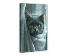 GAPKJGTS British Shorthair Cat in The Shower Canvas Poster Wall Art Decor Print Picture Paintings for Living Room Bedroom Decoration 16x24inch(40x60cm)