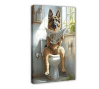 GAPKJGTS German Shepherd on The Toilet And Reading Canvas Poster Bedroom Decor Landscape Office Room Decor Gift 16x24inch(40x60cm)