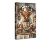 GAPKJGTS Highland Cow As A Cook in The Kitchen Canvas Poster Wall Art Decor Print Picture Paintings for Living Room Bedroom Decoration 12x18inch(30x45cm)