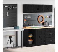 Garage Cabinets Pack of 2 Black Wood Material with Pine Wood Worktop 40 x 51 x 85 cm + Wall Cabinet 40 x 30 x 41 cm for Workshop Storage Tools Storage Double Door Multi-Purpose Order