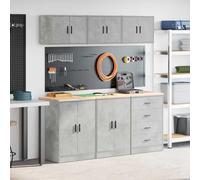 Garage Cabinets Pack of 6 Concrete Grey Wood Material with Solid Pine Worktop, 60 x 51 x 85 cm, Multi-Purpose Workshop Warehouse Storage, Double Door and Drawer
