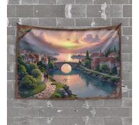 Garage Decor for Men Romantic Sunset Over A Picturesque Village with A Stone Bridge Tapestry Room Door Decor Room Decor Aesthetic Vintage(75X100CM)