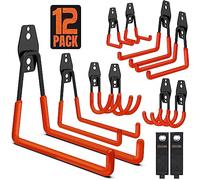 Garage Hooks, 12 Pack Wall Storage Hooks with 2 Extension Cord Storage Straps, Heavy Duty Tool Hangers for Utility Organizations, Wall Mount Holders for Garden Lawn Tools, Ladders, Bike (Orange)